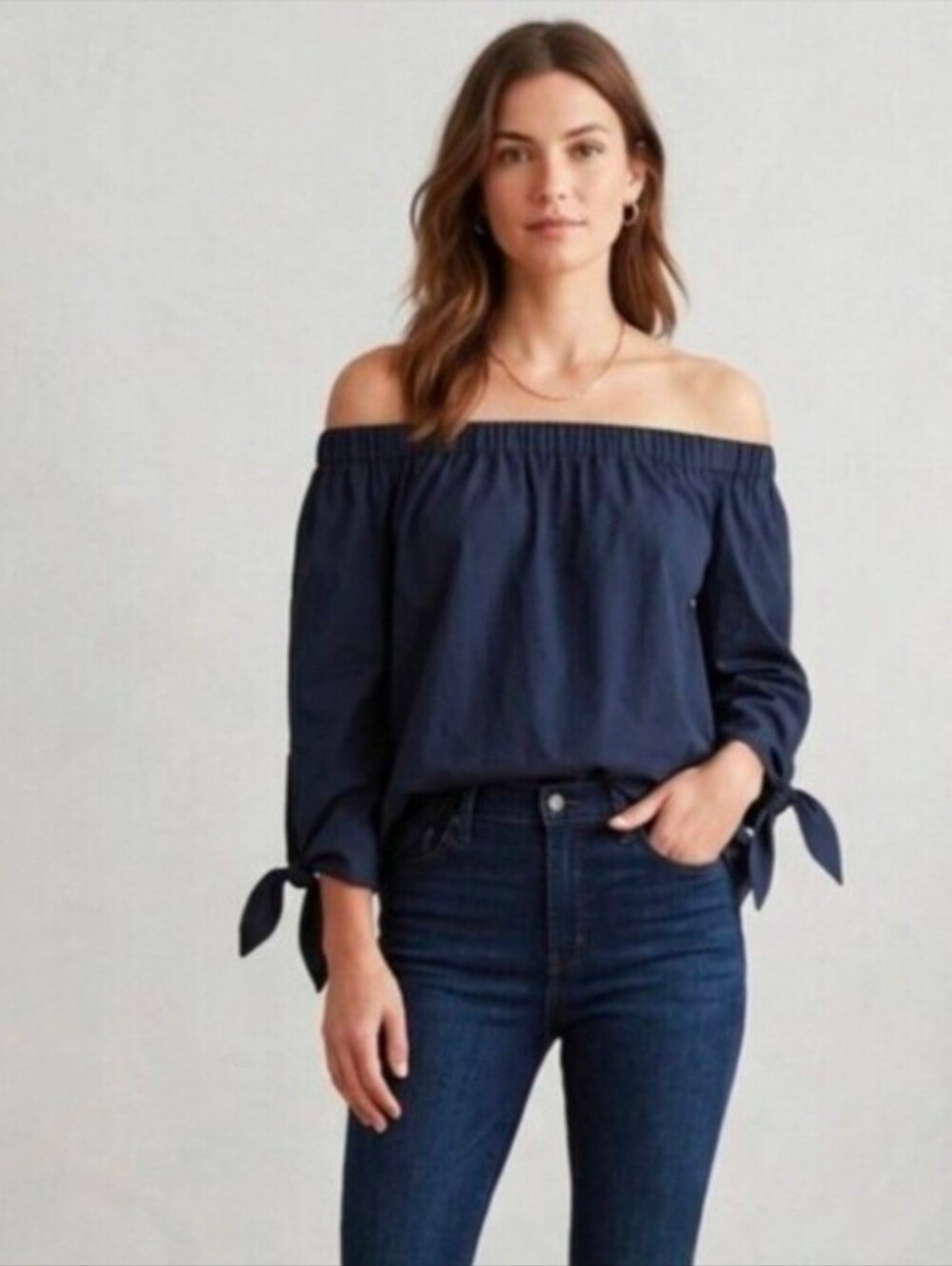 Free People Women Blouse Navy Blue Off-The-Shoulder Tie-Cuff Blouse Size Medium